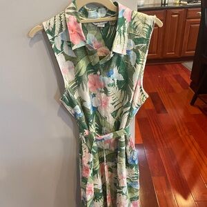 Tommy Bahama Sleeveless Tropical Floral Collared Midi Dress in Green and Pink